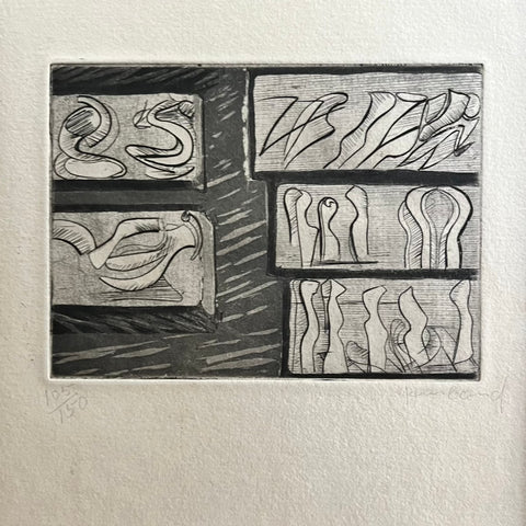 3 3/16 x 4 3/8" platemark. Husband did this etching to accompany a poem by Paul Eluard titled "November 1936" for inclusion in the portfolio Solidarité, published by S.W. Hayter and Atelier 17 in Paris in 1938. The portfolio of seven prints was sold to aid the Spanish Republican Children's Fund cause during the Spanish Civil War and included works by Picasso, Joan Miro, Yves Tanguy, John Buckland Wright, Dalla Husband, S.W. Hayter and Andre Masson.&nbsp;
